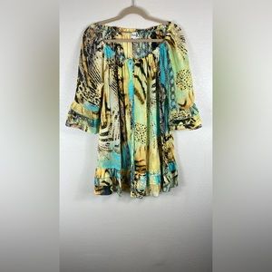 Shana K L Tunic Blouse Woman’s Multicolored Button Down Loose Fitting Ruffled sl